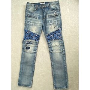 PREME Distressed‎ Denim Jeans Blue Snake Skin Patches Moto Style 34x32